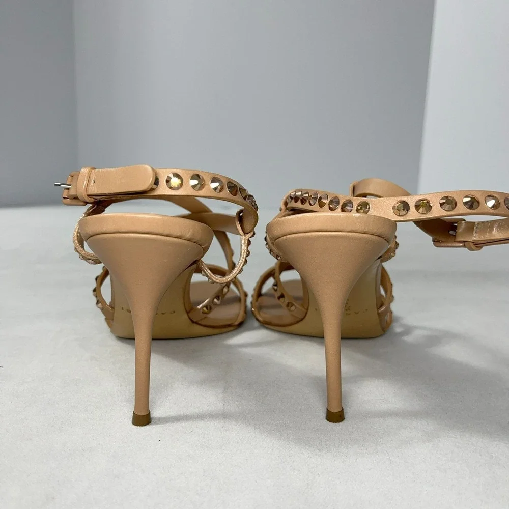 Casadei Heels 9 B Tan Strappy Sandals Stud Crystals Never Worn